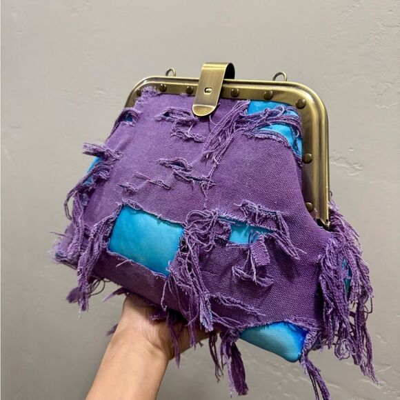 Unique Colorblock Cowhide Leather with Ripped Canvas, Metal Frame Bag, Crossbody - Picture 11 of 16